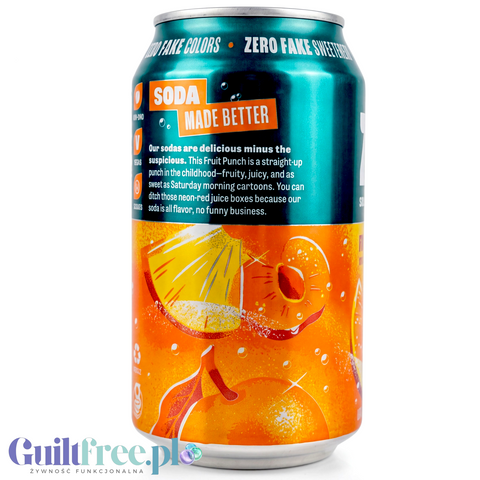 Puszka napoju gazowanego Zevia Fruit Punch bez cukru i kalorii, z grafiką owoców na pomarańczowo-zielonym tle.