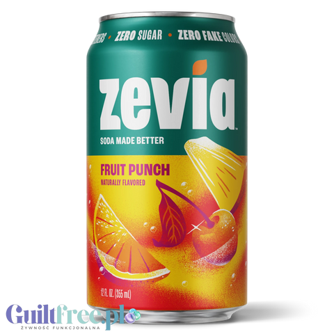 Puszka napoju gazowanego Zevia Fruit Punch bez cukru i kalorii, z grafiką owoców na zielono-żółtym tle.
