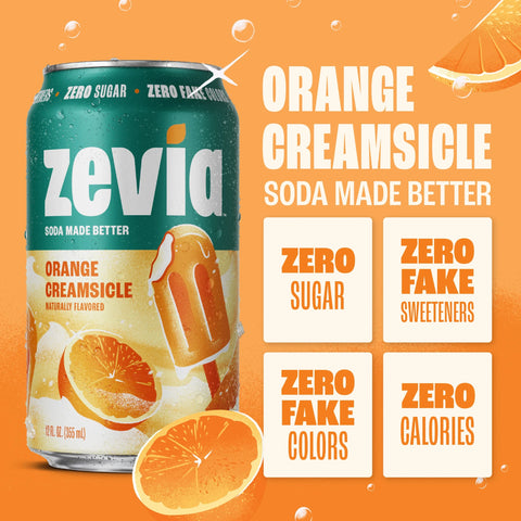 Puszka napoju gazowanego Zevia Orange Creamsicle bez cukru i kalorii, z grafiką pomarańczy i lodów na patyku.