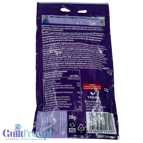 Fazer Xylimax Moomin Pastille Blueberry - pastylki pudrowe bez cukru z 95% ksylitolem